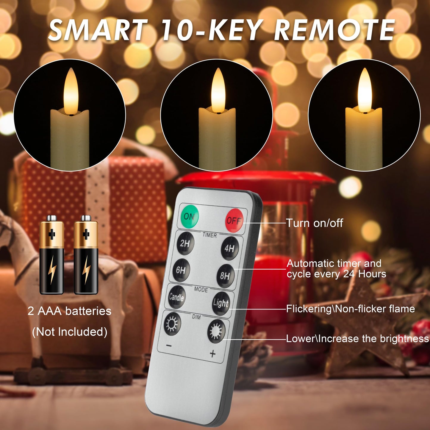 AFINETH Flameless Taper Candles with Two Rmote, 9.6" Real Wax Battery Operated Candles with 3D Wick, 6 Pack Led Flickering Candlesticks, Electric Candle for Home, Wedding, Party, Decor, Ivory