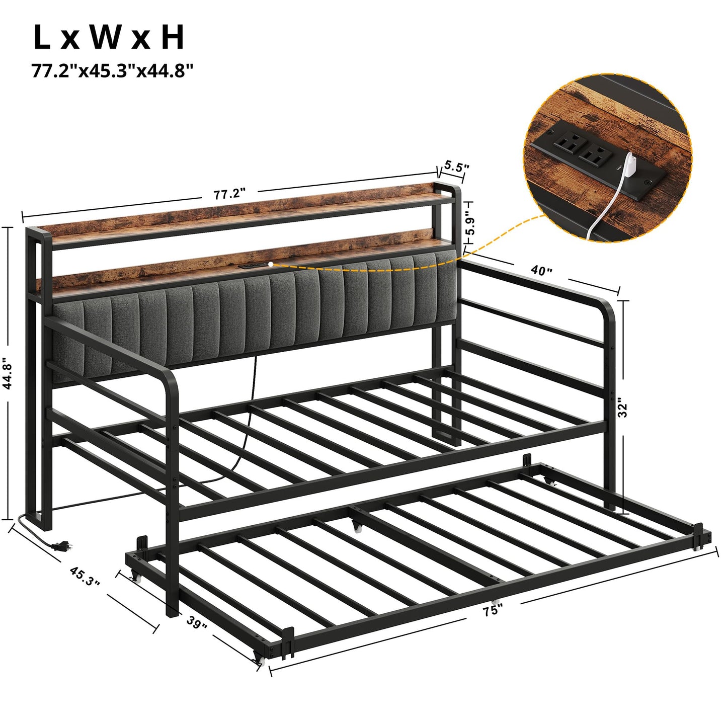 ANCTOR Daybed with Trundle, LED Lights and Charging Station, Twin Size Daybed with 2-Tier Storage Shelves and Upholstered Headboard, Metal Sofa Bed Frame for Living Room, Bedroom, Grey