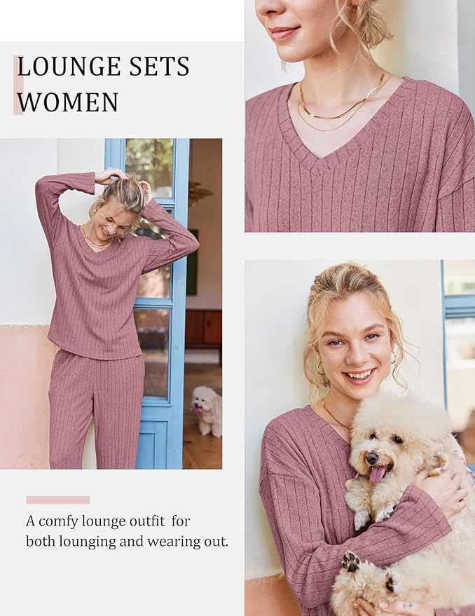 Ekouaer Lounge Sets for Women Long Sleeve Knit Ribbed Pajama Sets 2 Piece Casual Loungewear with Pockets