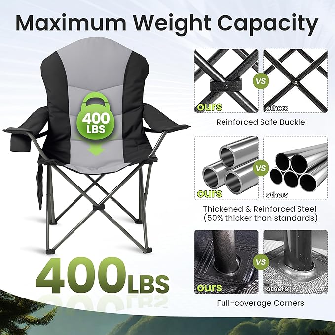 Foristrail 2 Pack Folding Camping Chairs for Adults - High Back Padded Outdoor Lawn Chairs with Lumbar Support & Cup Holder, 400lbs Heavy Duty Portable Camping Chairs Set (Light Black & Gray, 2 PCS)