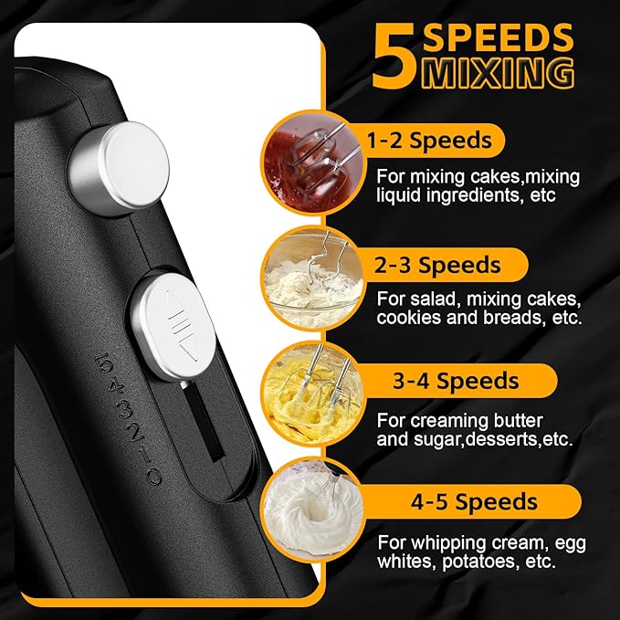 Lord Eagle 5-Speed Hand Mixer Electric With 4 Stainless Steel Mixing Bowls Set, 300W Lightweight Kitchen Handheld Mixer with Measuring Cups & Spoons, Baking Supplies for Cake, Black