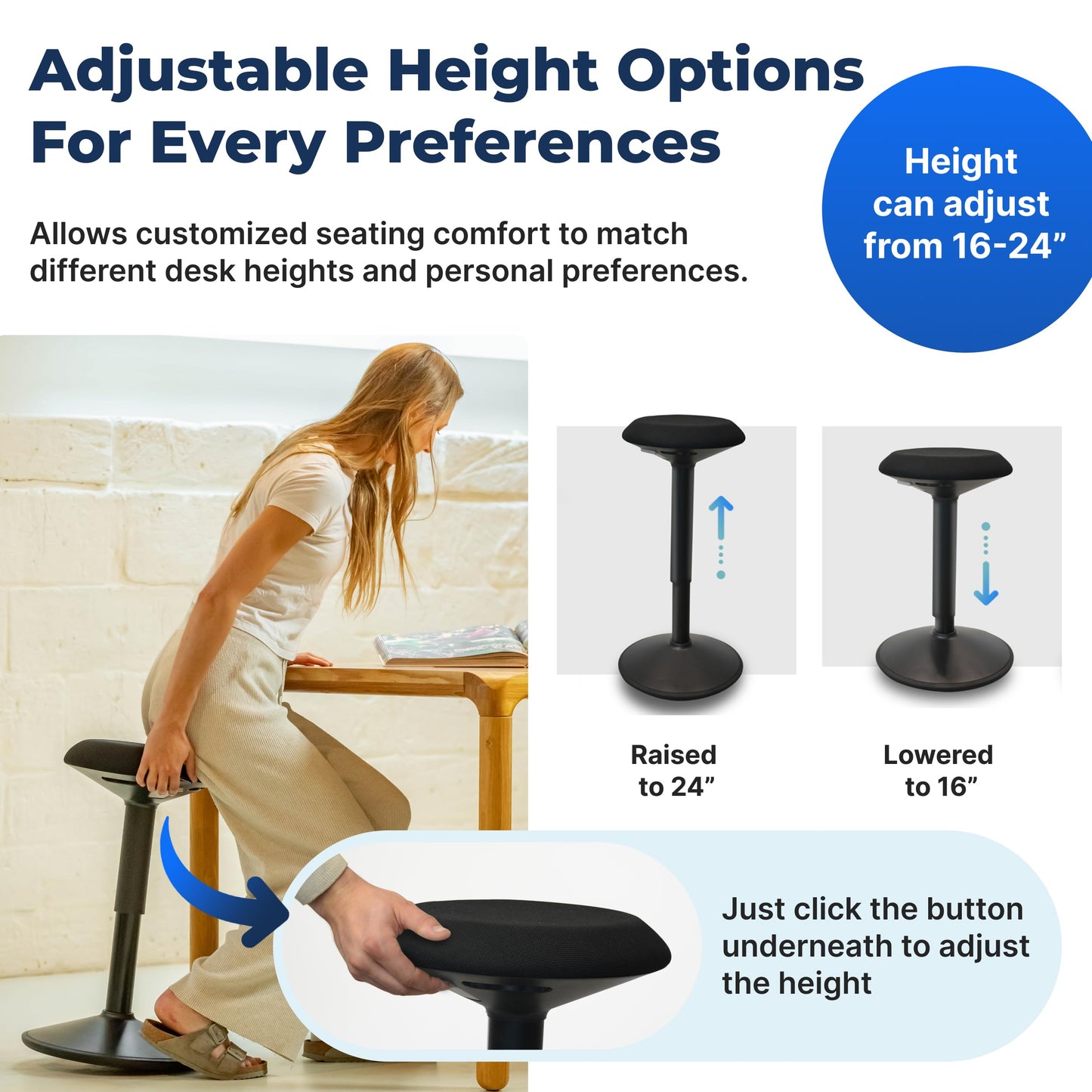 Backerz Standing Desk Stool Chair, Height Adjustable Stool 16-24 inch for Office and Classroom, Swivel seat, Anti-Slip Bottom Ergonomic Wobble Stool with Rocking Motion, Black