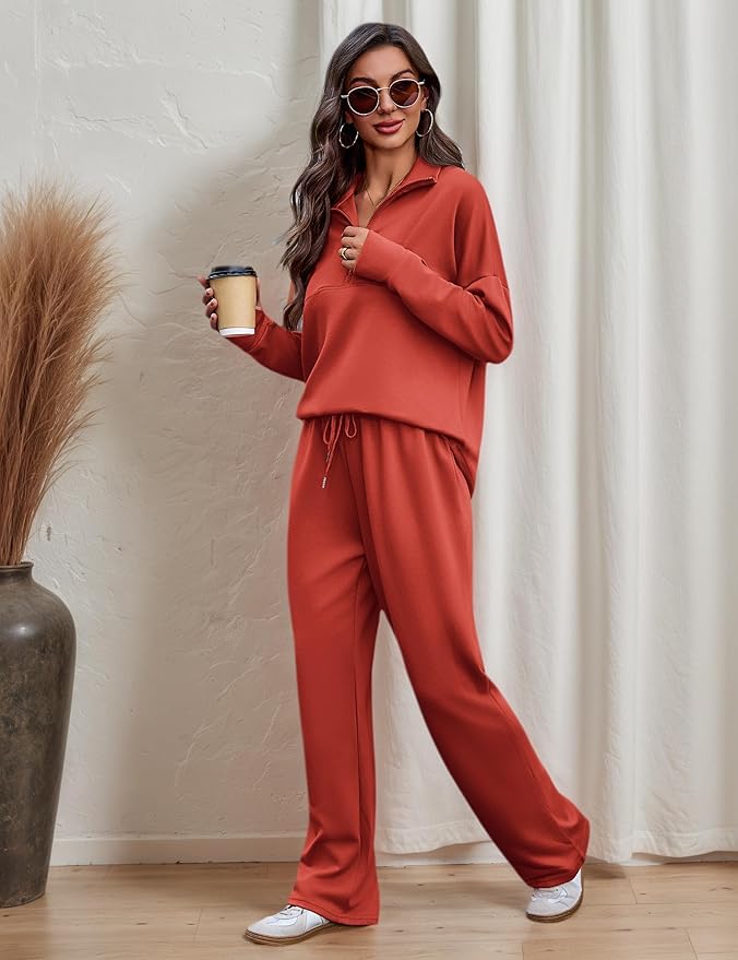 Totatuit Womens Sweatsuits 2 piece Set Lapel Half Zip Lightweight Sweatshirts and Wide Leg Pants Tracksuit Lounge Sets