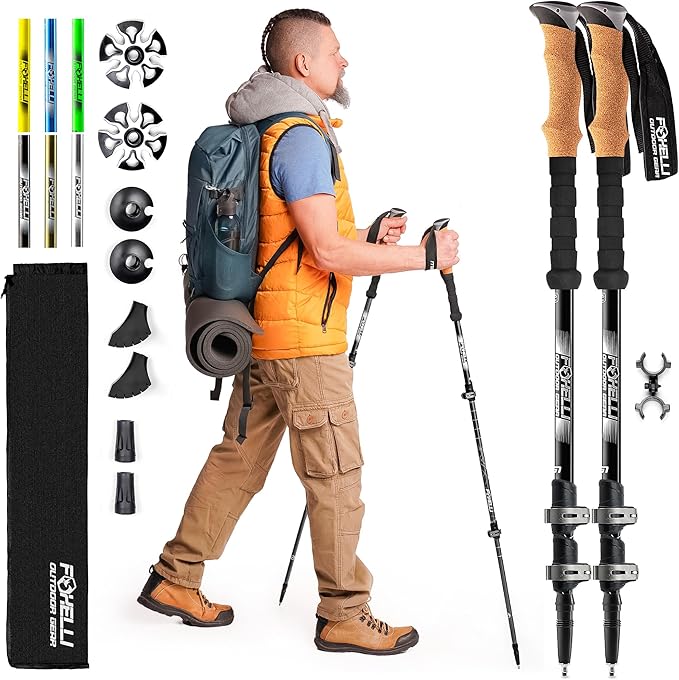 Foxelli Trekking Poles – Lightweight Collapsible Aircraft Grade Aluminum Hiking Poles with Cork Grips Quick Locks & All-Te...