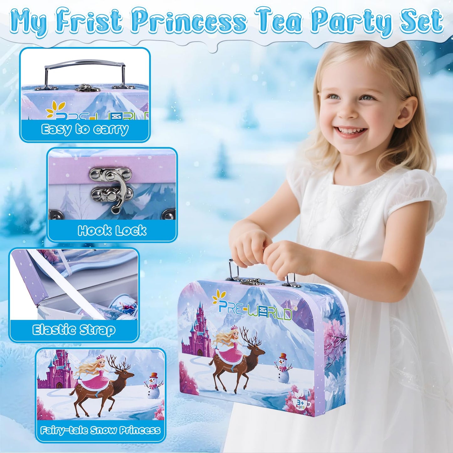 Tea Party Sets for Toddlers 3-5,PRE-WORLD Princess Tea Time Toy with Tray, Teapot, Tea Cups, Cream Pitcher, Sugar Bowl, Coasters, Plates，Kids Kitchen Pretend Play for Girls Boys Age 3 4 5 6