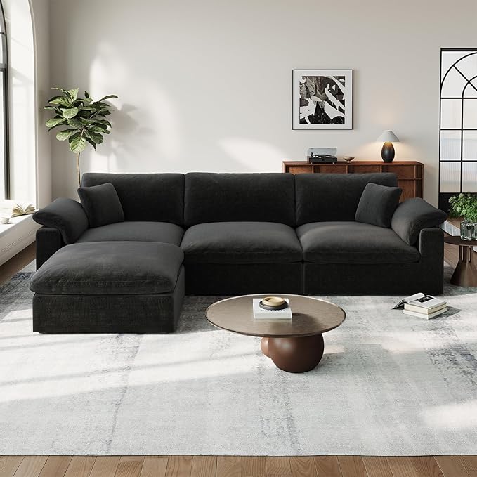 Cloud Modular Couch for Living Room,L Shape Linen Blend Sofas,Modern Deep Seat Cloud Sofas,Convertible Comfort Down Filled Sectional Couches,Removable Washable Cushion Covers,Black