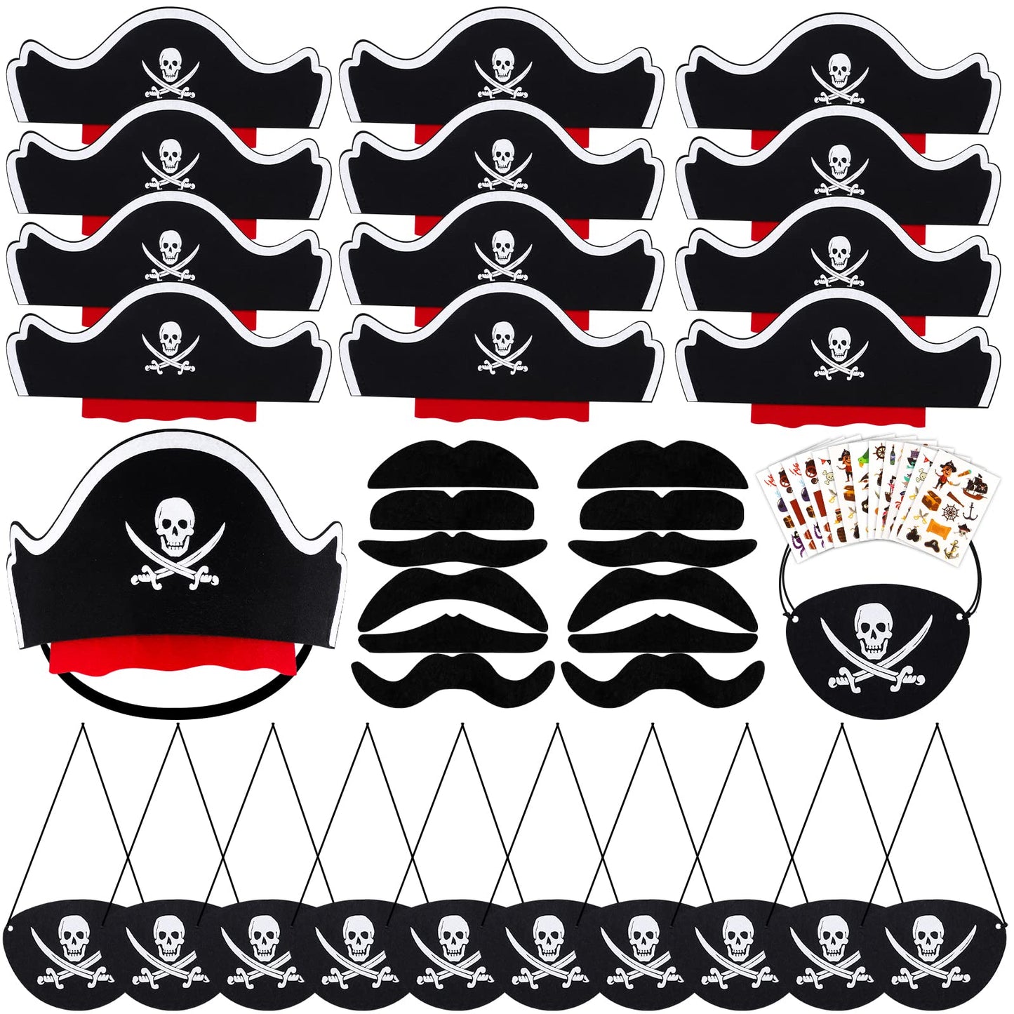 CHRIMISS Pirate Hat Set with Pirate Eye Patch, Mustache, Temporary Tattoos, 48PCs for Kid Birthday, Halloween Costume Accessories, Party Favors & Goodie Bag Fillers