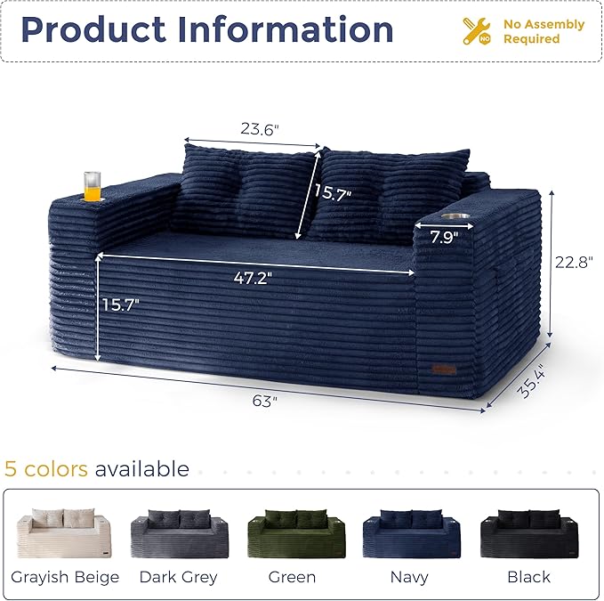 MAXYOYO 63" Boneless Loveseat Sofa Couch for Small Spaces, Mini Love Seat Floor Couch with Cup Holders and Pillows, 2-Seater Upholstered Cloud Couch for Bedroom Apartment, No Assembly Required