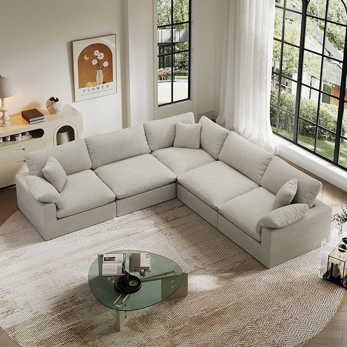Intuition Decor Cloud Modular Sectional Sofa,211.6" Down Filled Sofa 5 Seat with Chaise,Minimalist Sofa Cover Washable and Replaceable Couches for Living Room,Sectional Sofa Deep Seat 1