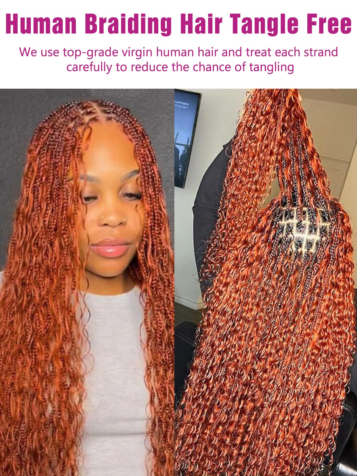 Human Braiding Hair Deep Wave Bulk, Ginger Orange Color No Weft Curly Braiding Hair Extensions for Boho Braids Wet and Wavy Brai