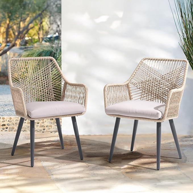 Patiorama Patio Dining Chair Set of 4, Woven Rope Outdoor Dining Chairs w/Steel Frame, All-Weather Twisted Rattan Chairs w/Armrest & Cushion, Outdoor Dining Wicker Chairs for Backyard Garden(Beige)
