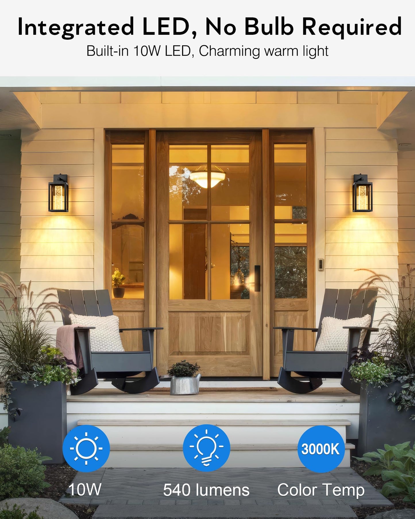VIANIS Black Exterior Lighting Fixtures Wall Mount for House, 2 Pack Dusk to Dawn Outdoor Porch Light with Integrated 10W LED Light Source Crystal Bubble Glass, Anti-Rust Exterior Wall Sconce Lantern