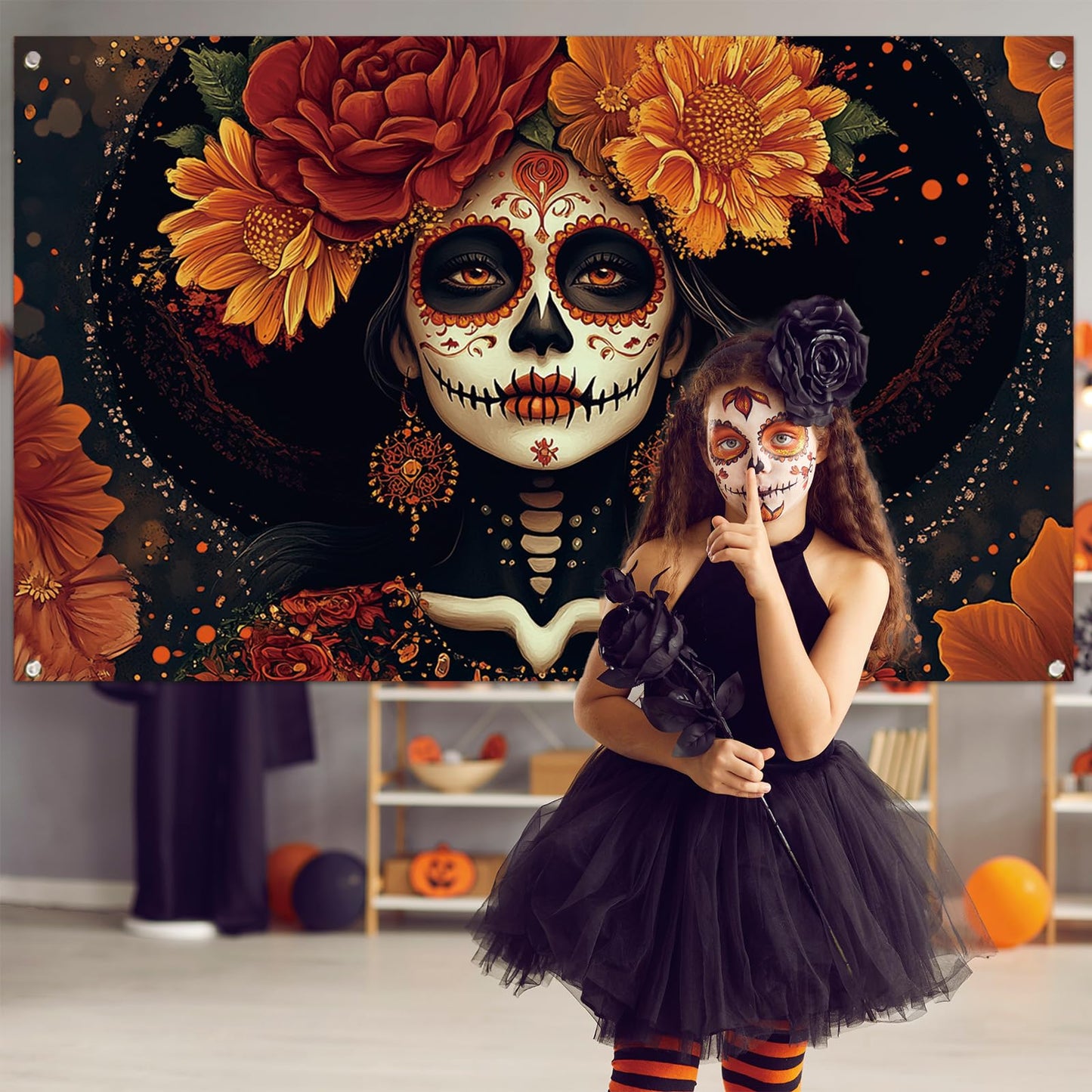 Dia De Los Muertos Backdrop for Photography Day of The Dead Banner Gothic Halloween Mexican Fiesta Sugar Skull Decorations and Supplies for Home Altar Ofrenda