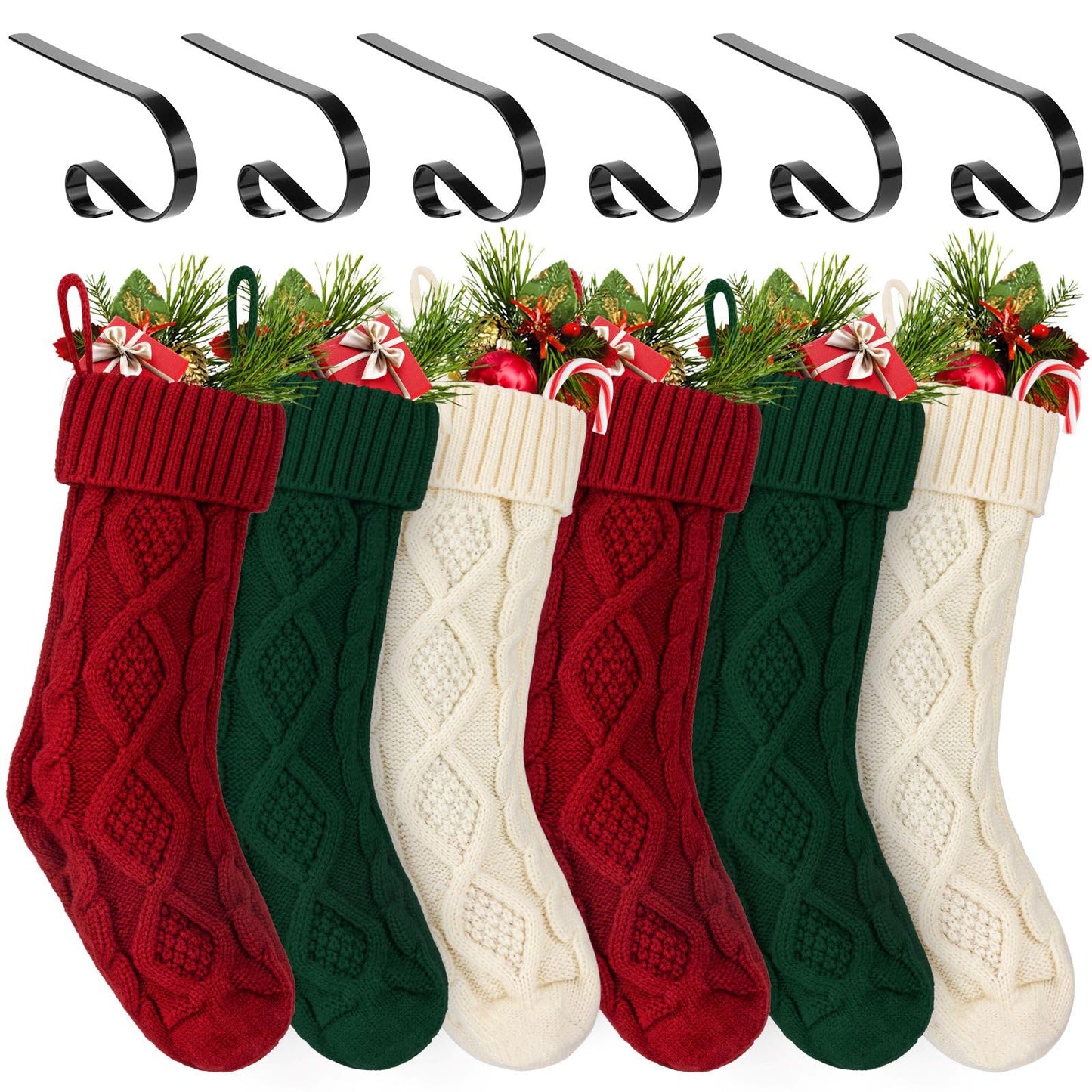 TOVERKAU 18 Inches Christmas Stockings 6 Pack, Traditional Knitted Xmas Hanging Stockings, Red, Ivory, Green, Christmas Holiday Party Decoration