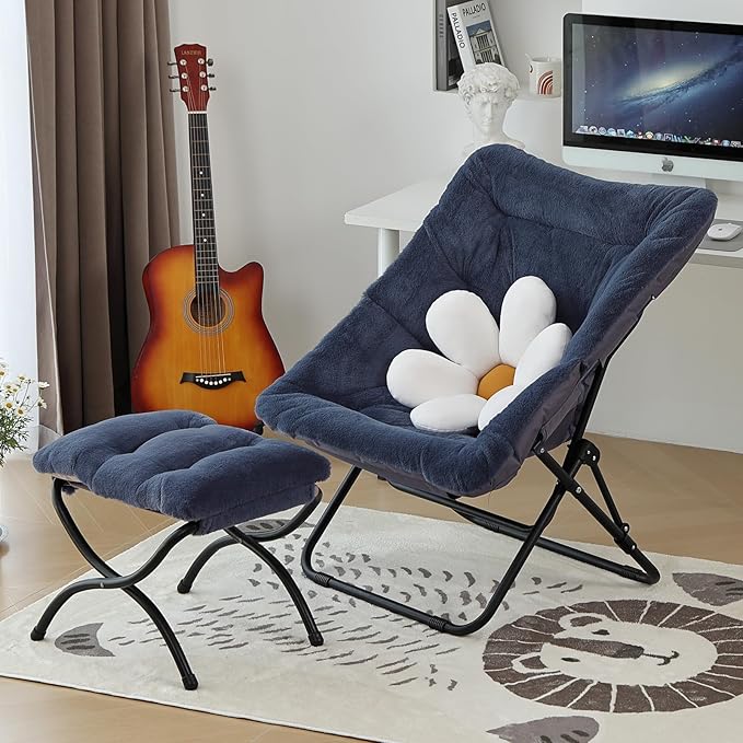Givjoy Comfy Folded Chair with Ottoman, Oversized Folding Faux Fur Chair Soft Furry Lounge Lazy Chair with Metal Frame Moon Chair Accent Chair for Bedroom, Living Room, Dorm Rooms