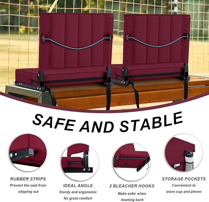 Aliphon Stadium Seat for Bleachers with Back Support and Cushion, Bleacher Seats with Shoulder Strap and Cup Holder, Padded Portable Folding Comfort Stadium Chair, for Sports Events,Wine Red(1pcs)