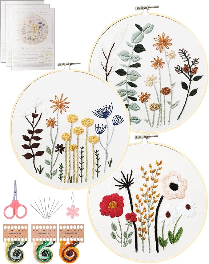 Santune 3 Sets Embroidery Kit,Cross Stitch Kits for Beginners,Needlepoint Kits for Adults with Easy Floral Pattern Hand Cr...