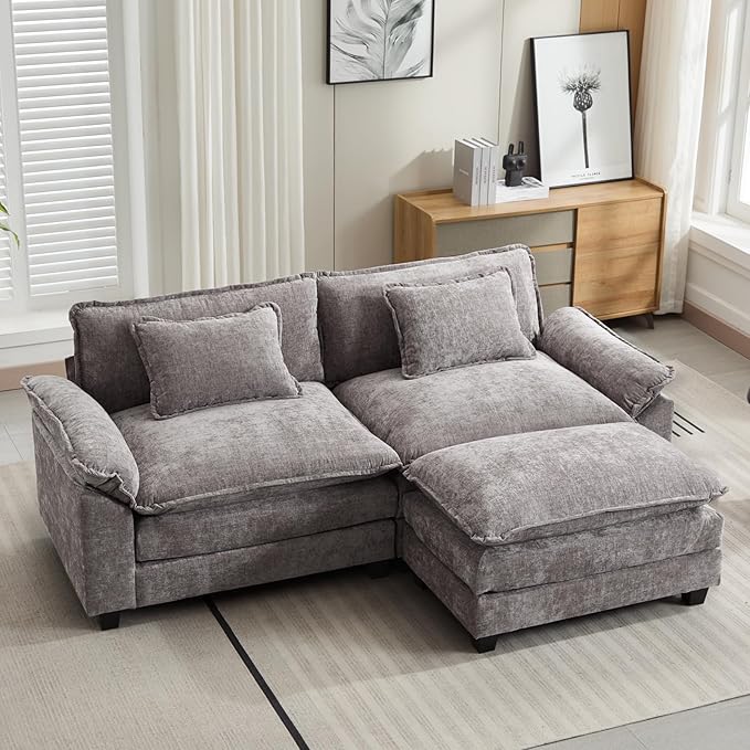 Oprisen 86" Modular Sectional Sofa, Comfy Cloud Couch Sectional Sofa with Ottoman, Chenille Sofa Sleeper Deep Seat Sofa with Throw Pillows for Living Room (Light Gray, 86"- L Shape)