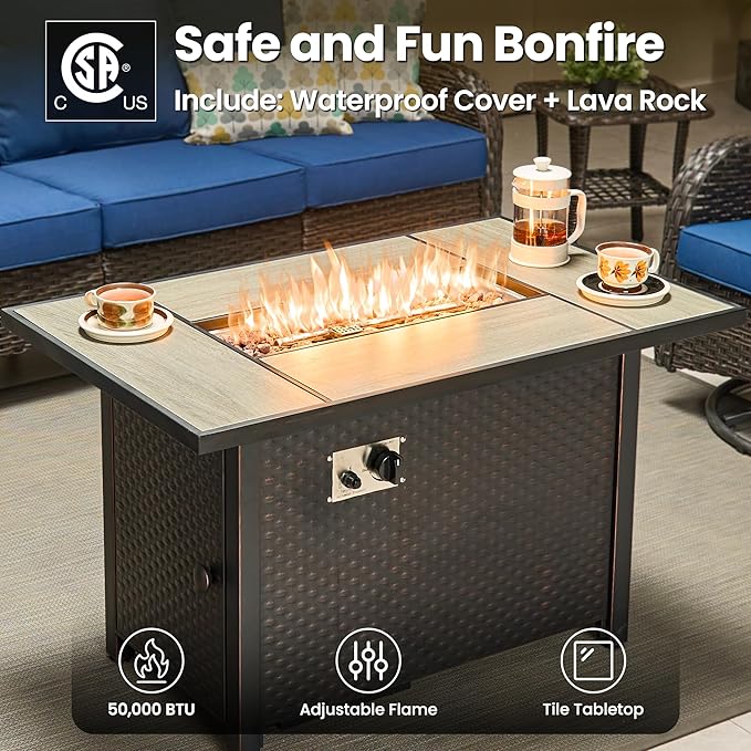 ovios 5 Pieces Patio Furniture Set, Outdoor Wicker Sofa Couch with Swivel Chairs 42" Fire Pit Table, High Back Modern All Weather Conversation Sets, Brown Rattan, Navy Blue