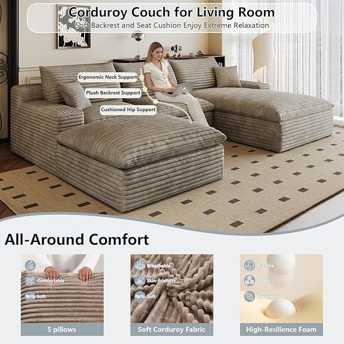 107" Cloud Sectional Couch U-Shaped Chaise with Ottoman, Corduroy Boneless Couch for Living Room Bedroom, Deep-Seat Upholstered Modular Cloud Sofa, No Assembly Required (Camel, Right Facing Chaise)