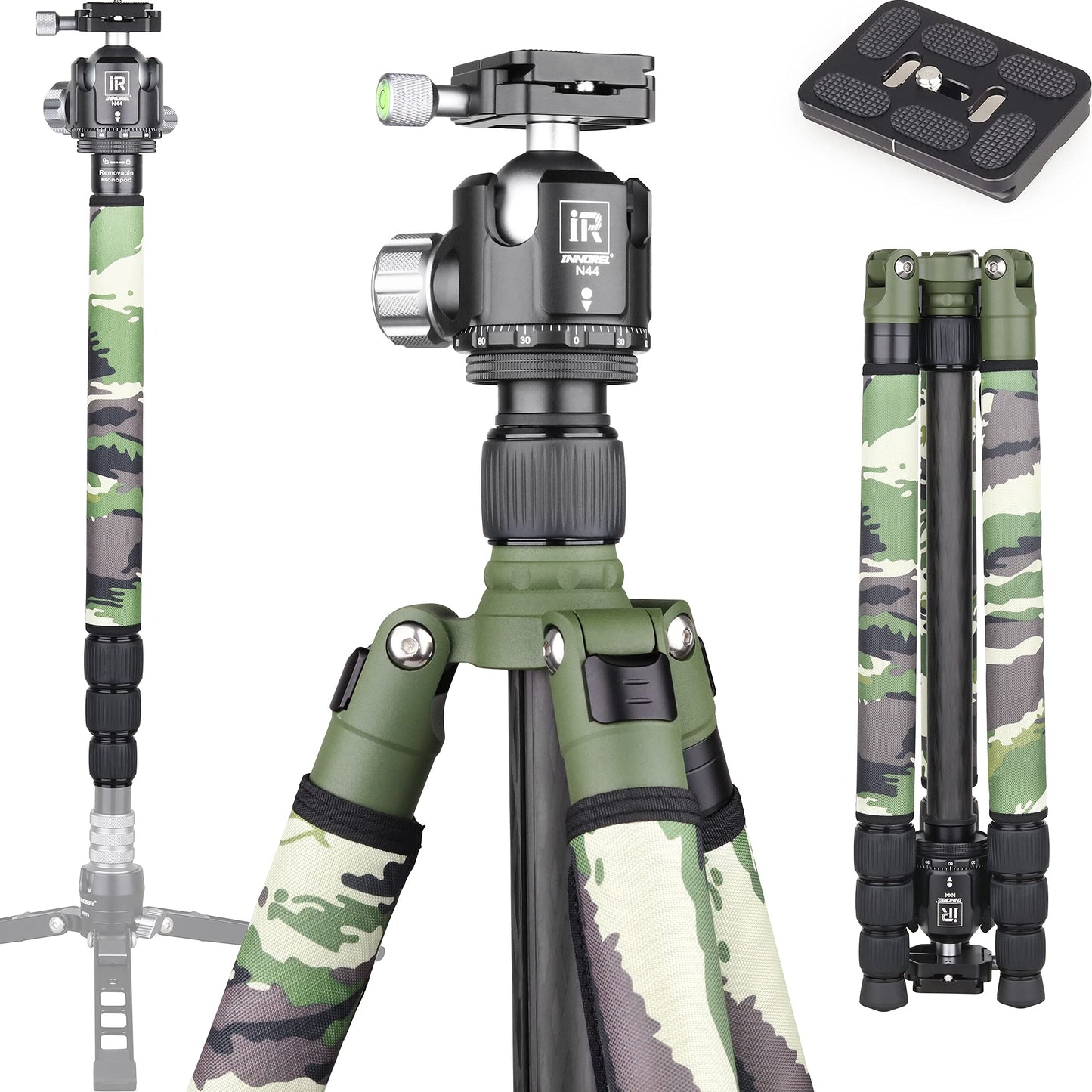 Carbon Fiber Tripod-RT75CG Super Professional Tripod Monopod Heavy Duty Compact Stand Support with 44mm/1.73in Low Gravity Center 360°Panoramic ballhead for Digital DSLR Camera, max Load 20kg/44lb