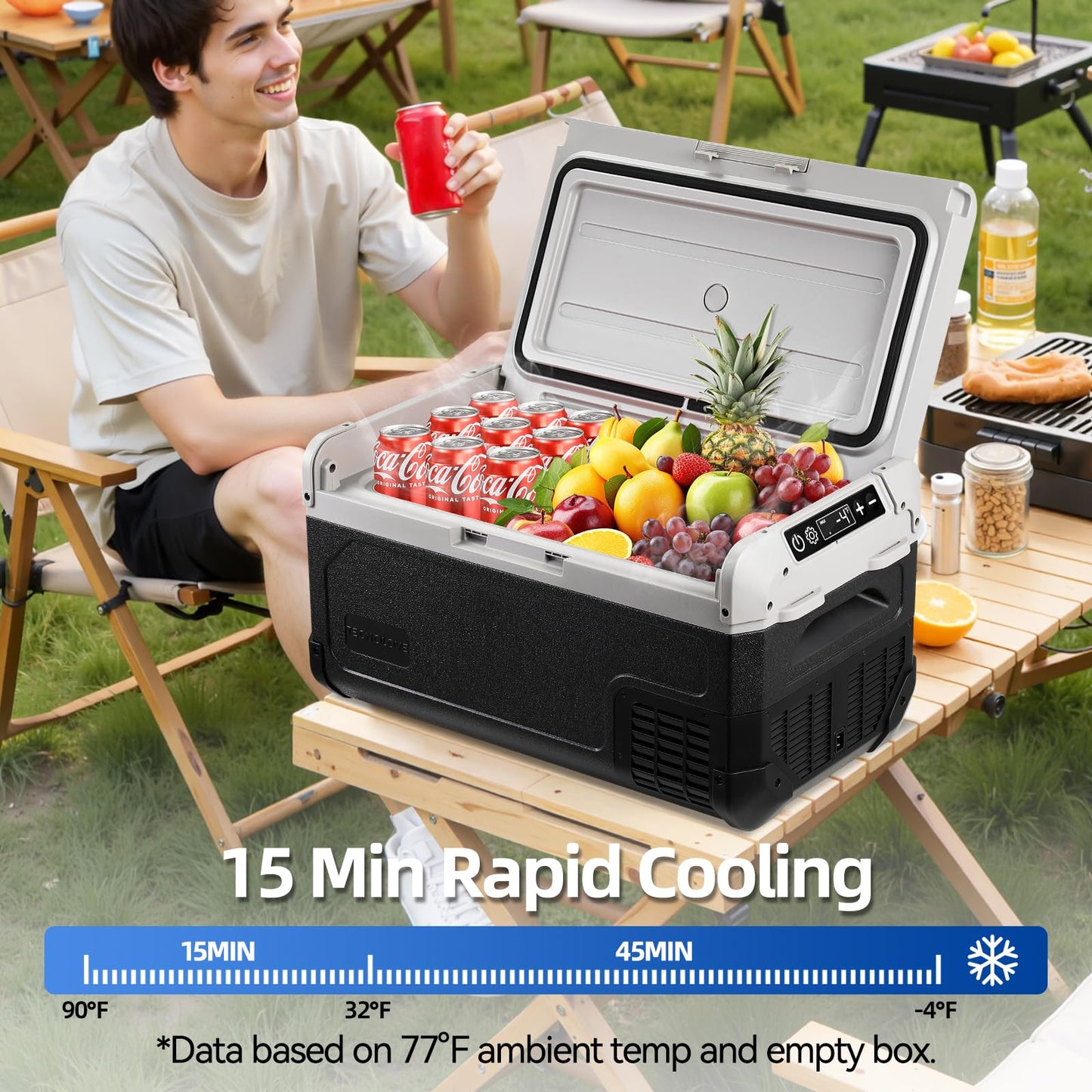 Tecnolove 12V Car Refrigerator,32QT Portable Fridge Freezer with Blow Expansion Evaporator,-4℉~68℉ 12/24V DC & 120-240V AC Freezer Cooler for Truck RV SUV Camping Travel，Reversible Door