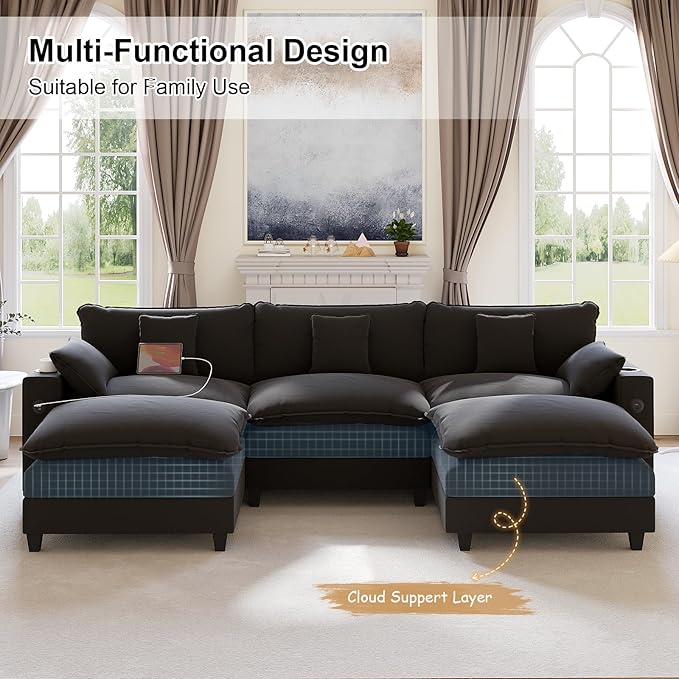 KCGKCG 116" Modular Sectional Sofa, U Shaped Cloud Couch with Movable Ottoman, Chenille Deep Seat Cloud Sofa with Charging Station, Cup Holder, Side Pocket, Sectional Couches for Living Room, Black