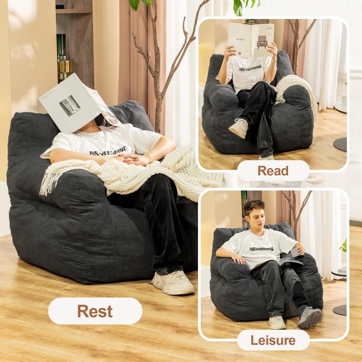 Stmoze Bean Bag Chair, Bean Bag Chair for Adults, Fluffy and Comfy Bean Bag with Filler, Bean Bag Sofa Chair for Reading, Gaming, Stuffed High-Density Foam, Grey