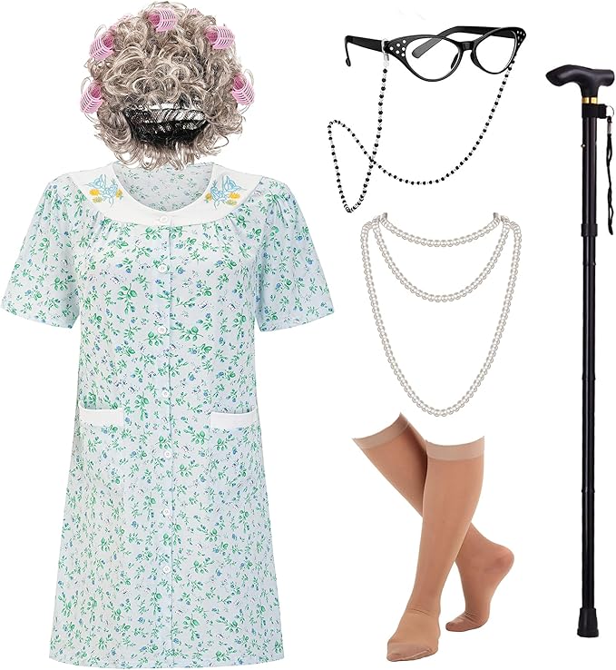 EBYTOP Women's Old Lady Costume Kit with Nightgown Wig Cane & Other Halloween Cosplay Accessories
