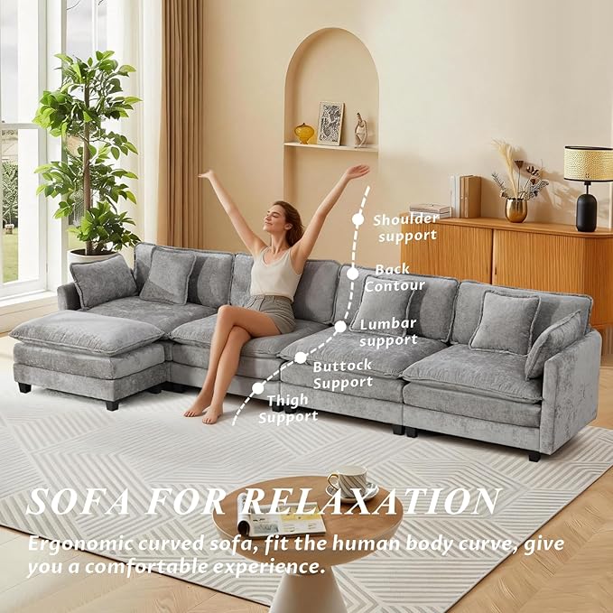 SoarFlash 149.61" Chenille Sectional Sofa, Comfy L Shaped Modular Coush Sofa with Ottoman, Modern 4 Seat Couch Deep Seat Sofa Set for Living Room,Grey