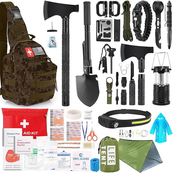 Survival Kit, 268 Pcs Emergency Survival Gear and Equipment Supplies with First Aid Kit, Camping Axe, Headlamp, Crossbody ...