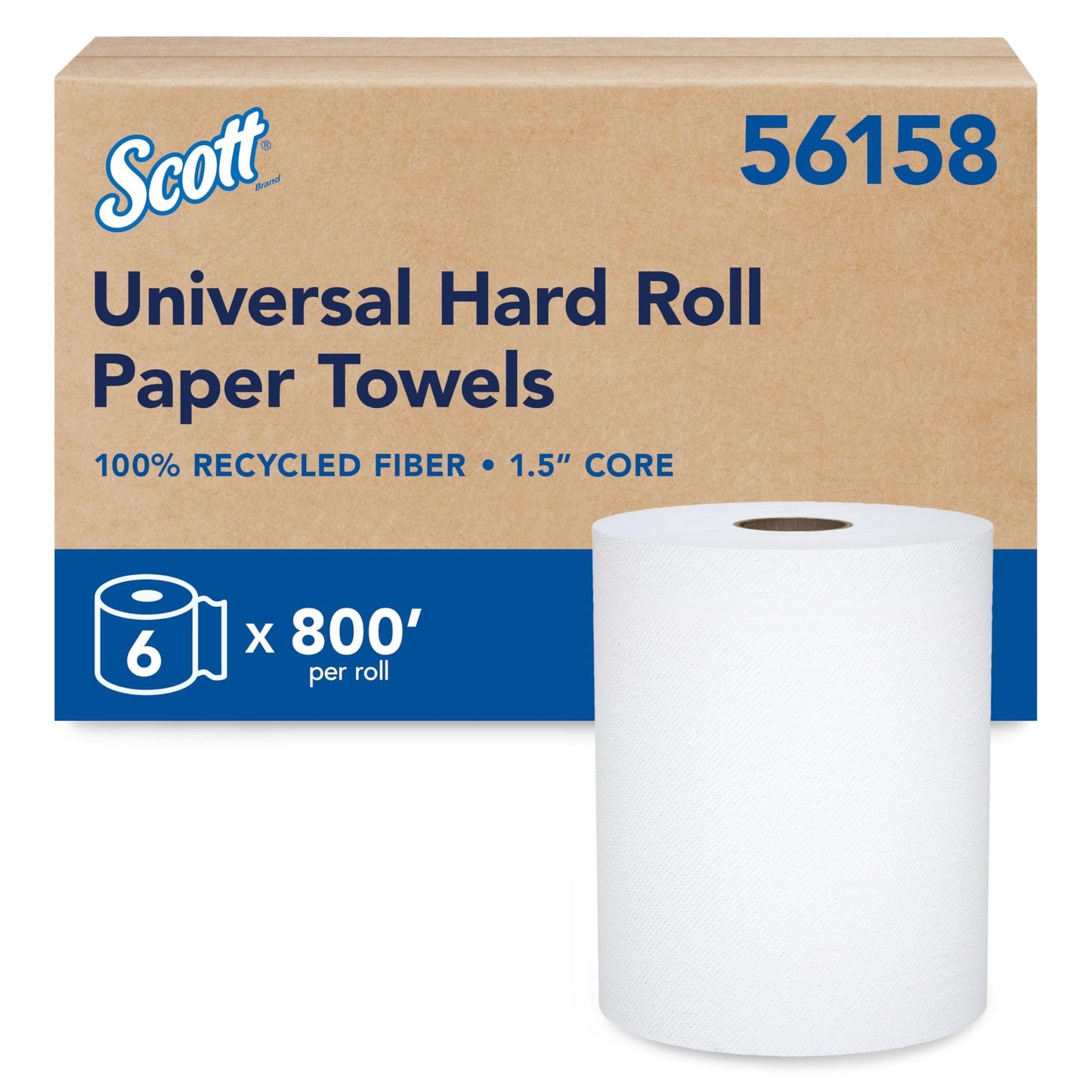 Scott Professional Universal 100% Recycled Fiber Hard Roll Paper Towels, Bulk (56158), Hardwound 1.5' Core, Absorbency Pockets, Compressed, White (6 Rolls at 800' Each, 4,800'/Case)