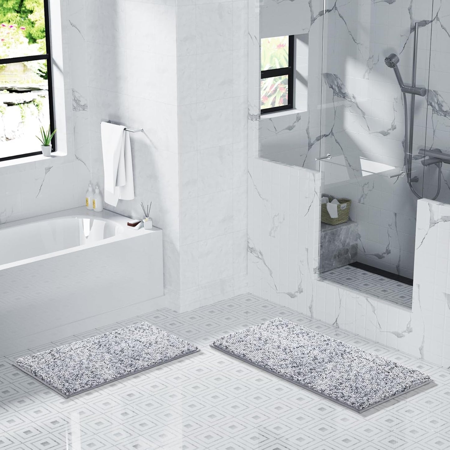 Yimobra Luxury Bathroom Rugs, 47x24, Extra Soft Chenille Mats for Bathroom Non Slip, Fluffy Long Matts for Tub, Plush Shaggy Carpet Runner, Water Absorbent, Machine Washable, Light Grey & Dark Grey