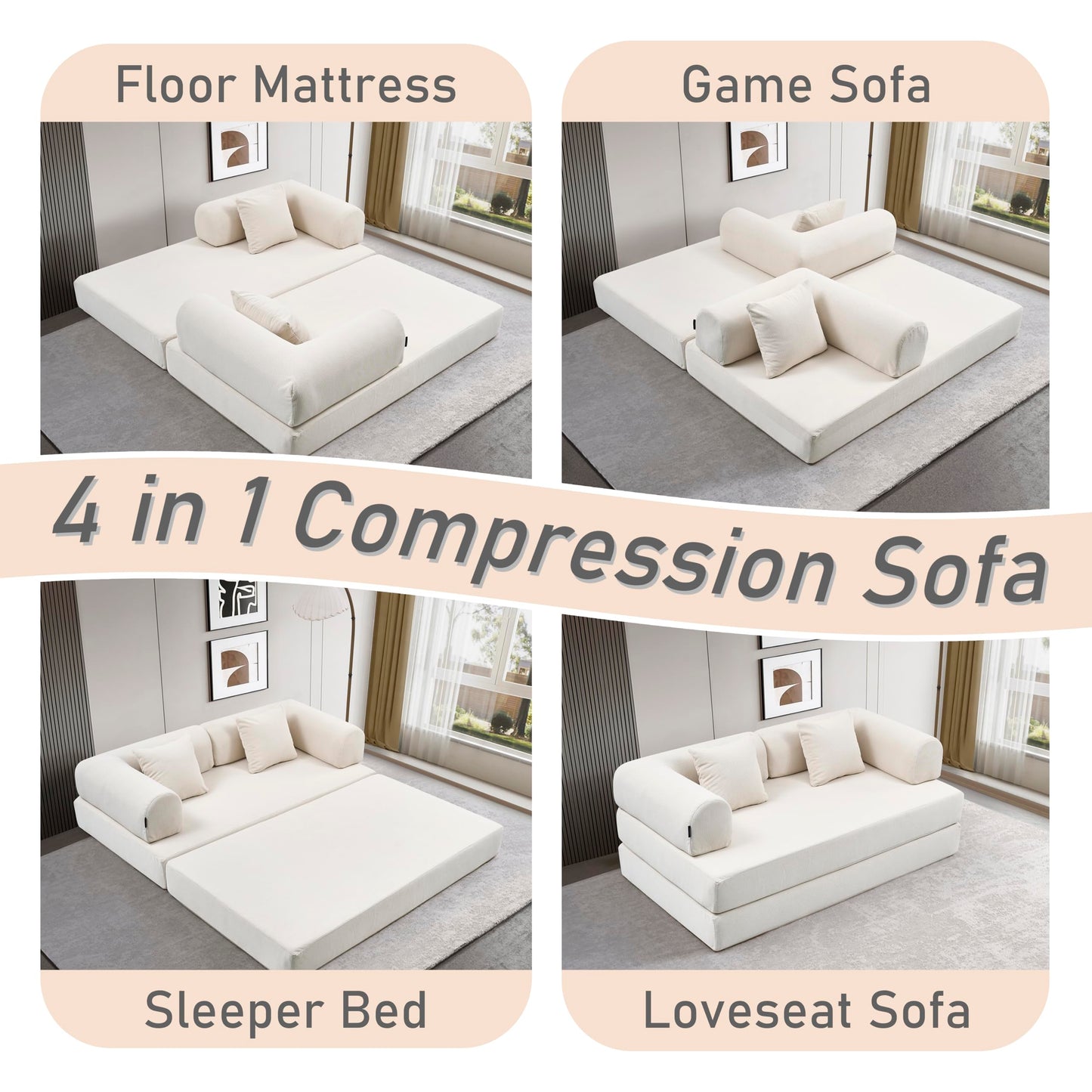 RuDenDorf Convertible Sleeper Sofa Bed - Compression Folding Sofa with Pillow, Floor Sofas Lounge Couch, No Assembly Required Floor Mattress Couch for Living Room, Bedroom, Small Spaces.