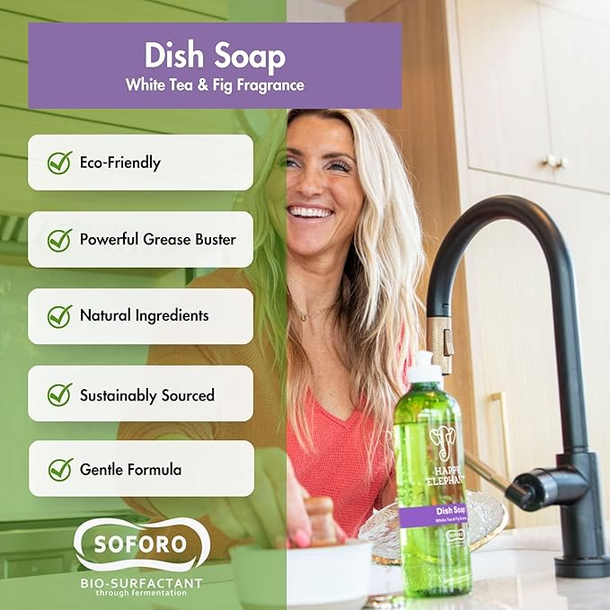 Happy Elephant Dish Soap, White Tea & Fig Scent, Natural Biodegradable Liquid Dish Soap, Plant Based, Grease Fighting, Tough on Food, Gentle on Hands, No Synthetic Fragrance, 12 Fl Oz, 3 Pack