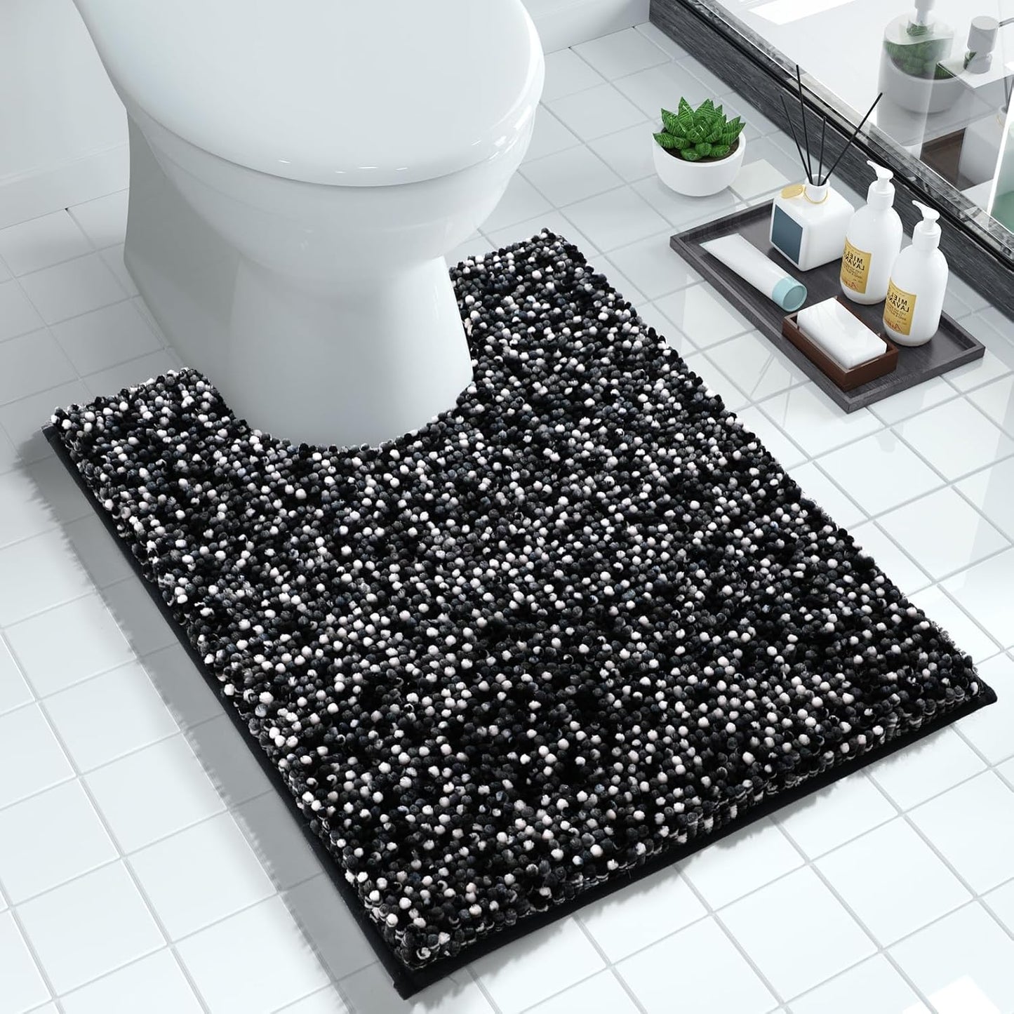 Yimobra Luxury Chenille U-Shaped Toilet Rug, Super Soft Shaggy Contour Bath Mat for Bathroom Floor, Fluffy, Water Absorbent, Non Slip, Machine Washable, Dry Quickly, 24''x 20'', Black & Dark Grey