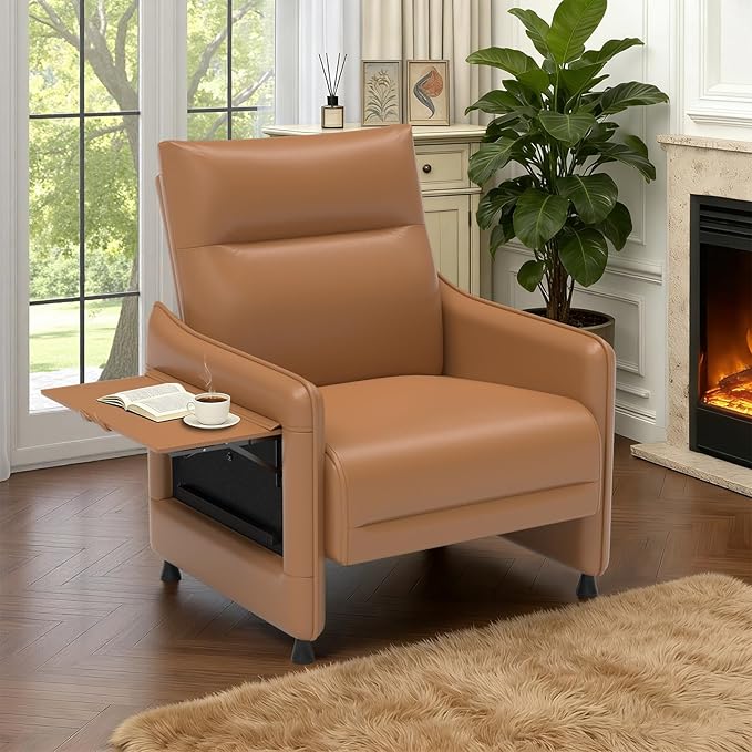 Tbillionnext Upholstered Accent Sofa, Modern Faux Leather Sofa Chair with Hidden Foldable Tray & Side Pocket, Rear Contour Arm Design, Small Accent Sofa for Bedroom, Brown