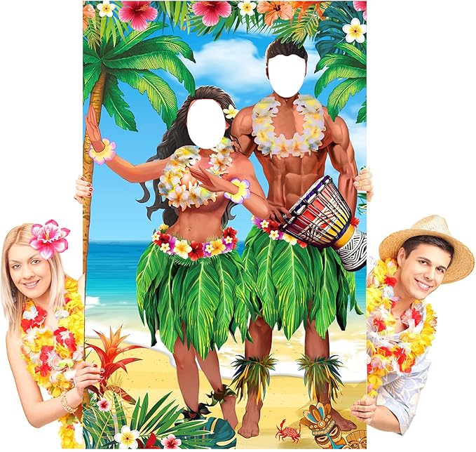 Tudomro 6 x 4 ft Hawaiian Photo Props Banner Tropical Luau Tiki Couple Door Banner Aloha Party Decorations Fabric Luau Pho...