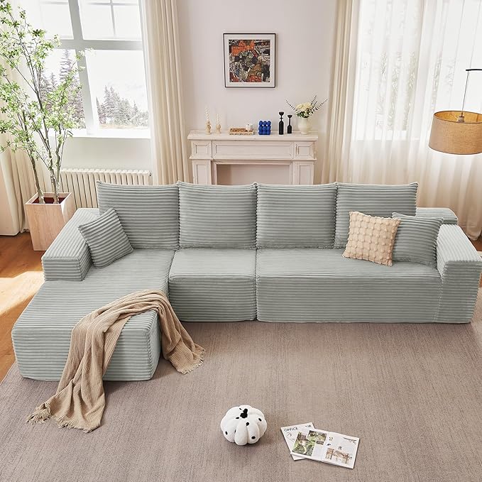 135.4" Cloud Sectional Couch with L-Shape Chaise, Modern Corduroy Boneless Couch for Living Room,Memory Foam Sofa with Deep Seat,No Assembly Required (Grey,Left-Facing Chaise)