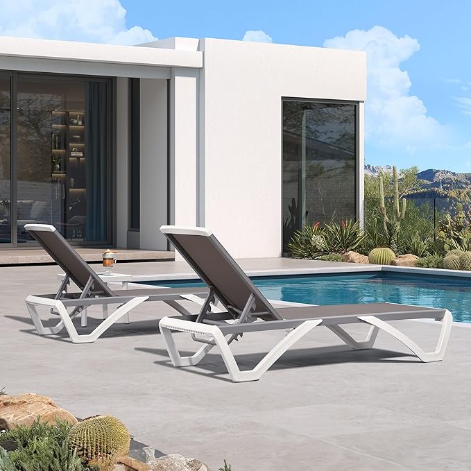 PURPLE LEAF Patio Chaise Lounge Chair Set of 3 Outside Aluminum Plastic Stackable Tanning Chairs for Pool Sunbathing Beach Deck Outdoor Lounger, Taupe