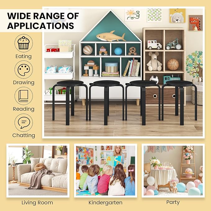 Giantex Stackable Stools Set of 4, 18" Round Stacking Backless Nesting Stools, School Chairs, Flexible Seating for Classroom Elementary, Students, Adults, Kitchen, Dining Room, Black
