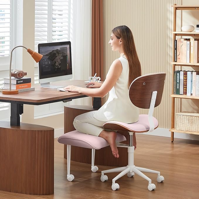 Bestier Meditation Chair with Wider Bentwood Back Support, Ergonomic Cross Legged Office Chair for Adults up to 300 lbs, 360° Swivel Adjustable Height for Multi Position (Contemporary Bentwood, Pink)