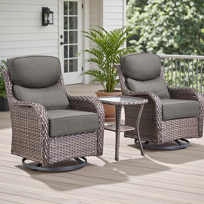 Rilyson Outdoor Patio Furniture Set - Weather Resistant Wicker,High Back,6 inch Cushions,3 Piece Patio Bistro Set with Swivel Rocker Chairs and Side Table for Deck Porch Yard,Brown/Grey