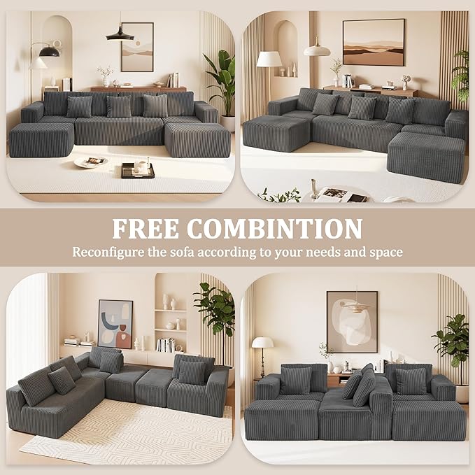 SEENYOO 132" U Shaped Modular Sofa, 4-Seater Sectional Cloud Couch with Chaise, Soft Corduroy Boneless for Living Room, No Assembly Required, Free Configuration,Grey