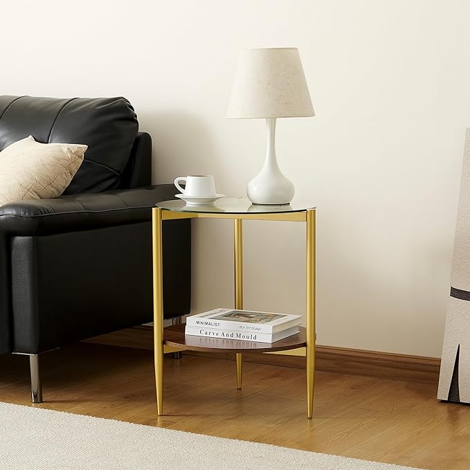 Pine Flicker Round End Table, Mid-Century Modern Design, D20*H23 inch, for Living Room, 2-Tier Structure, Clear Glass Top and Walnut MDF Shelf, Sleek Conical Metal Legs with Gold Finish