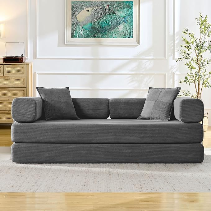 Convertible Couch Sofa Bed Foldable Floor Sleeper | Modern Deep Seat Fold Out Couch | Removable Backrest & Armrests | No Assembly Compression Sofa Sleeper for Living Room, Bedroom | Corduroy Gray