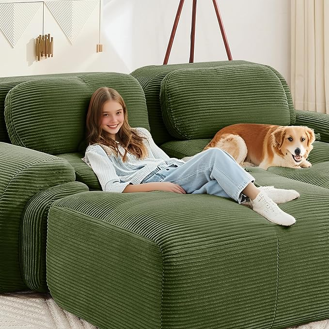 SoarFlash 81” Sectional Cloud Boneless Sofa Couches for Living Room-2 Seater L-Shaped Modern Lounge Couch-No Assembly Modular Corduroy Convertible Sponge Sleeper Sofas with Chaise for Home House,Green