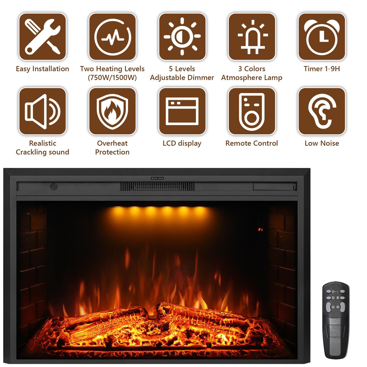 Dreamflame 43 inch Electric Fireplace, Wall Fireplace Electric with Remote Control, Realistic Log and Crackling Sound, Overheating Protection and Timer, 750/1500W Black