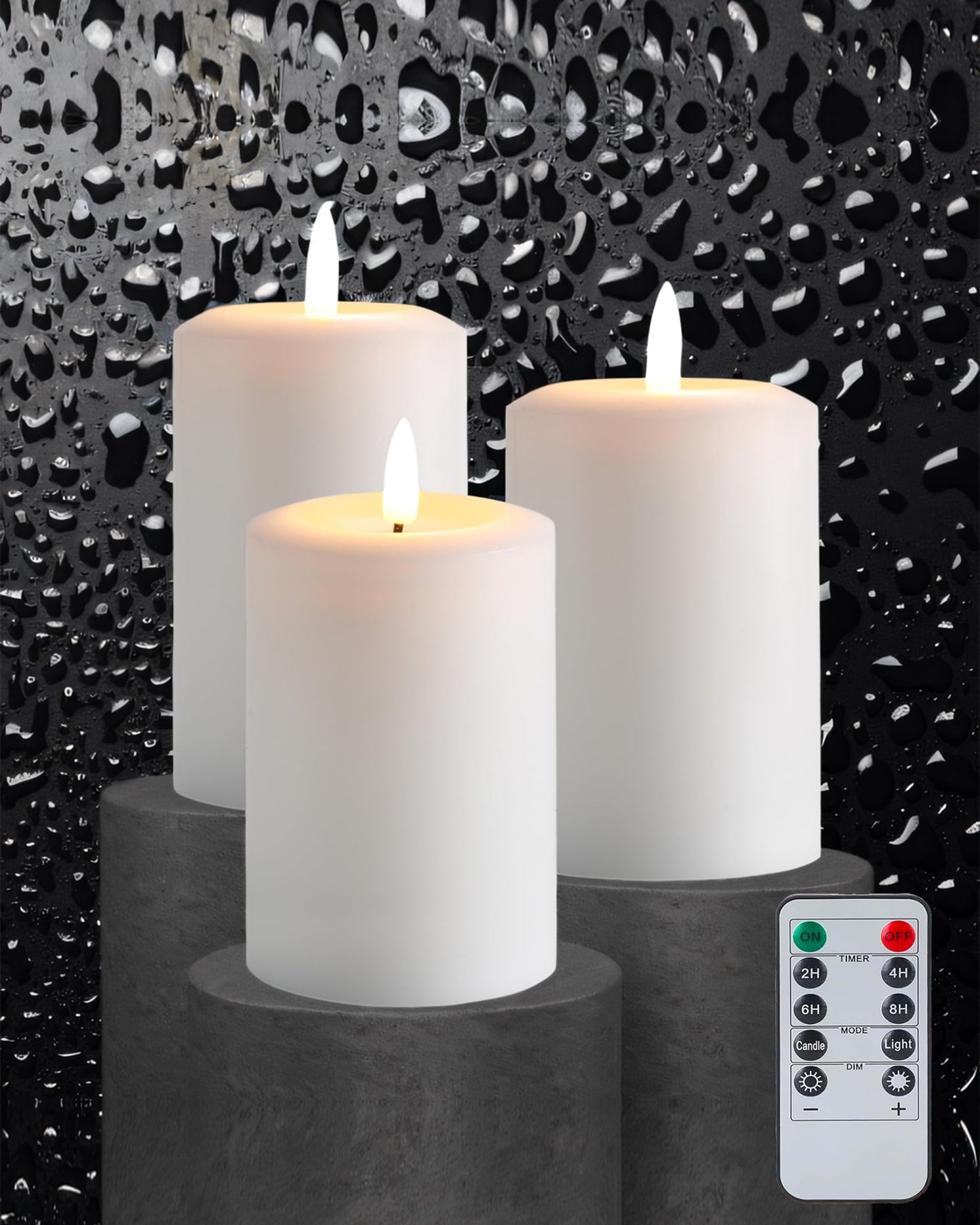 Gmnee 3"x5" Flickering Flameless Candles with Remote Timer, Real Wax, White Pillar Candles, Set of 3 Large LED Battery Operated Candles for Home, Fireplace, Centerpiece, Rustic and Farmhouse Decor