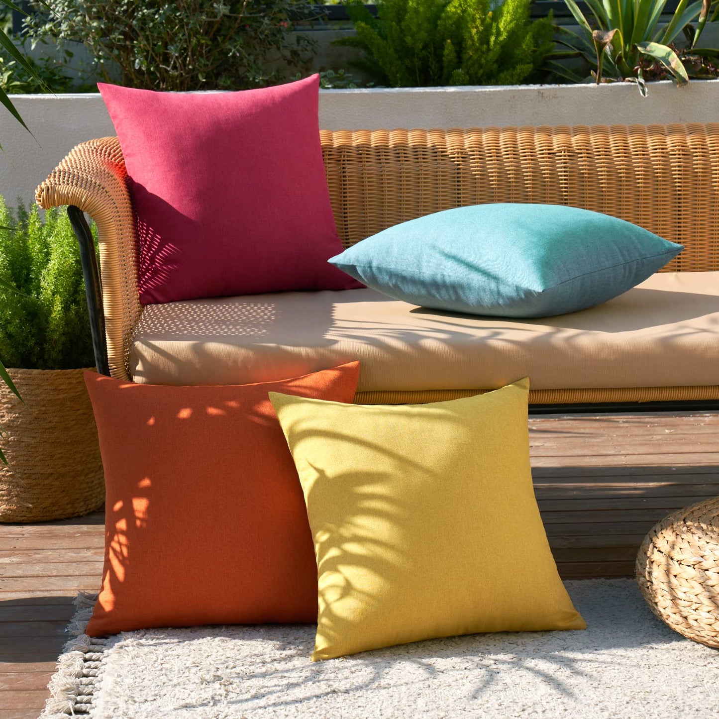 MIULEE Pack of 4 Decorative Outdoor Throw Pillow Covers Linen Waterproof Pillow Covers Farmhouse Cushion Cases for Fall Patio Garden Tent Balcony Couch Sofa18x18 inch Red/Turquoise